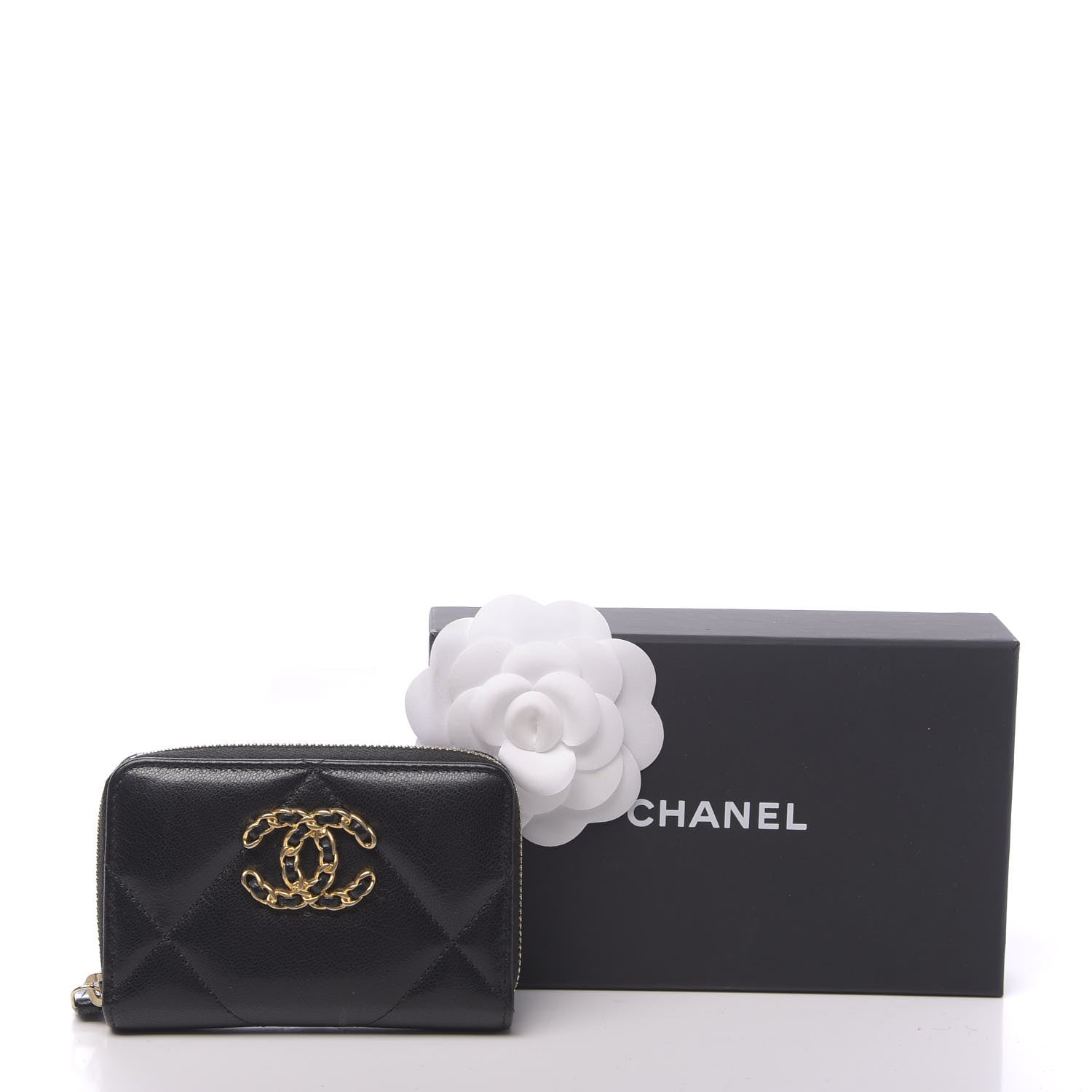 Chanel Shiny Goatskin Quilted Chanel 19 Zip Around Coin Purse Wallet Black 8 of 8