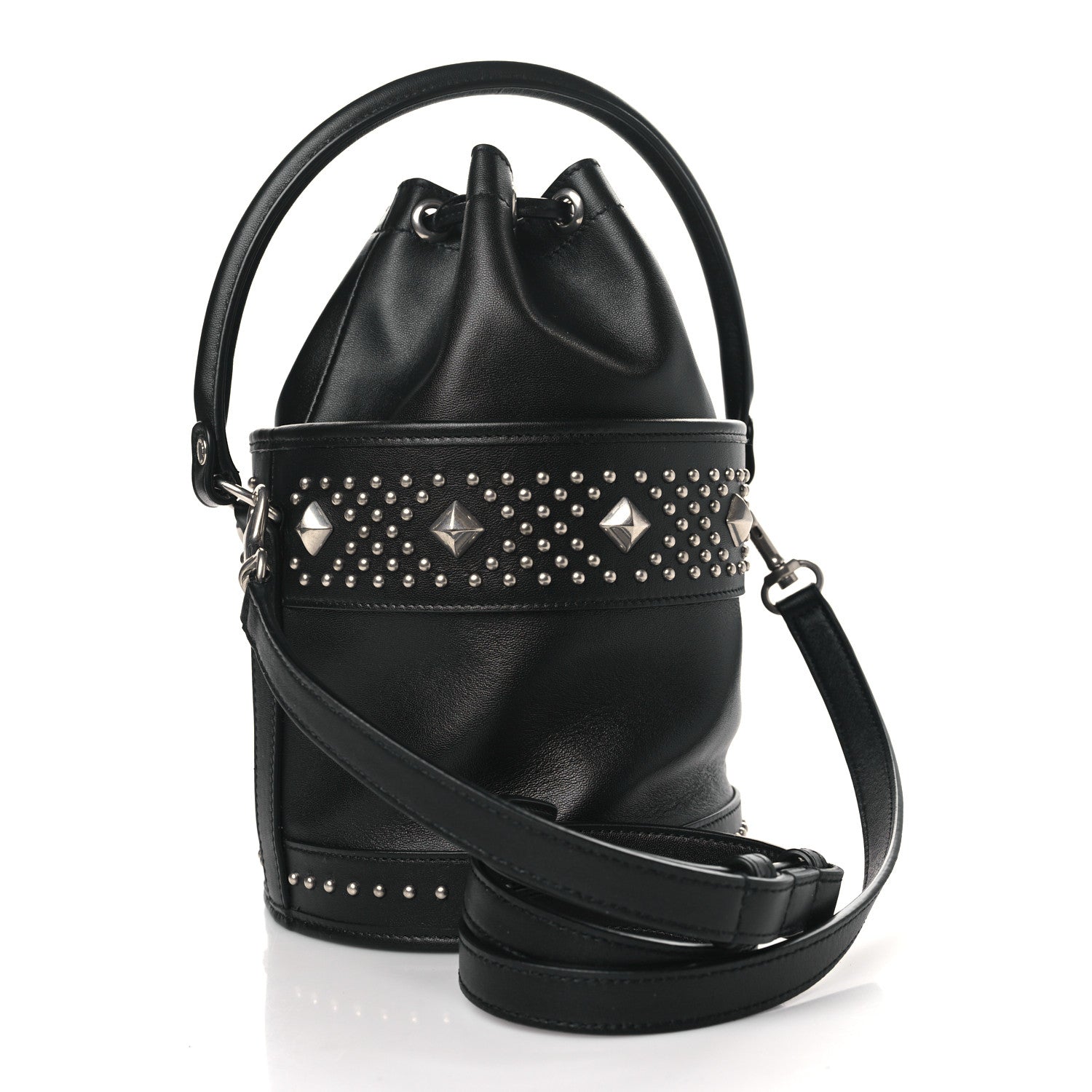 Saint Laurent Smooth Calfskin Studded Small Bahia Drawstring Bucket Bag Black 3 of 10