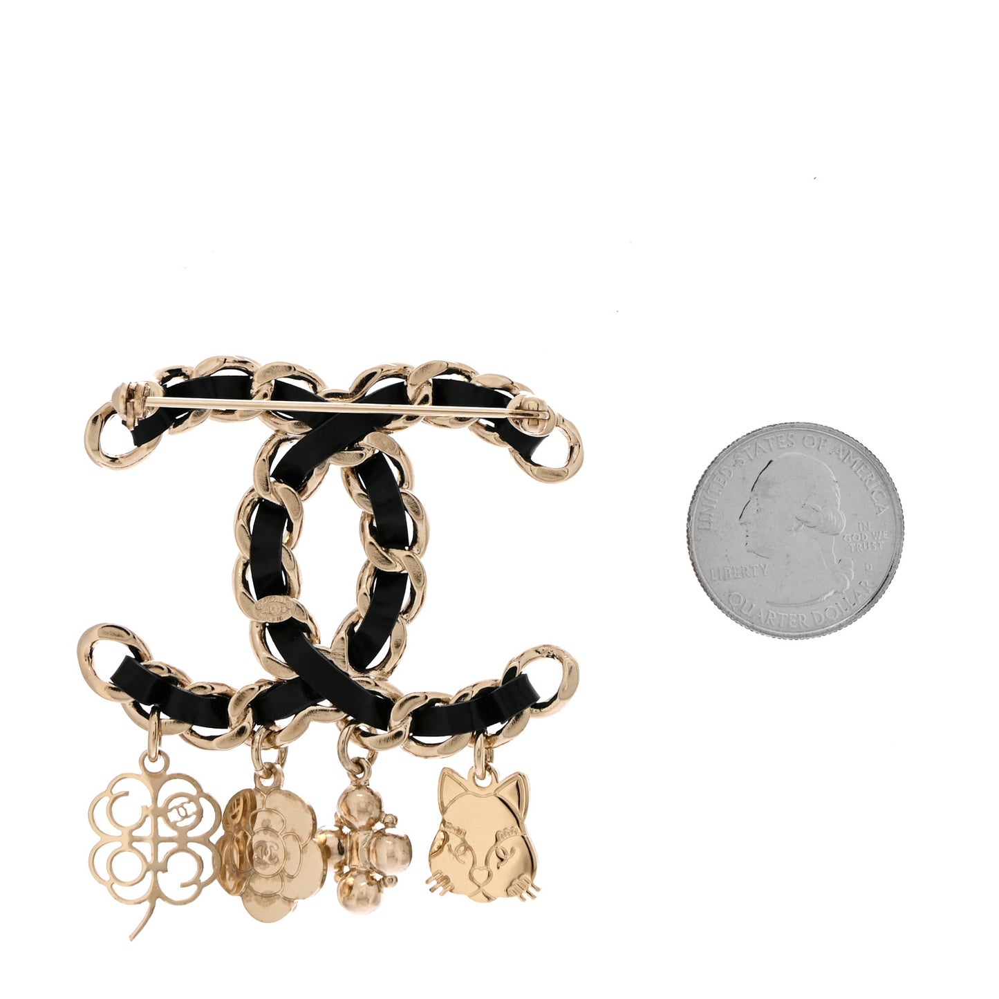 Lambskin Crystal Chain CC Charms Brooch Black Gold