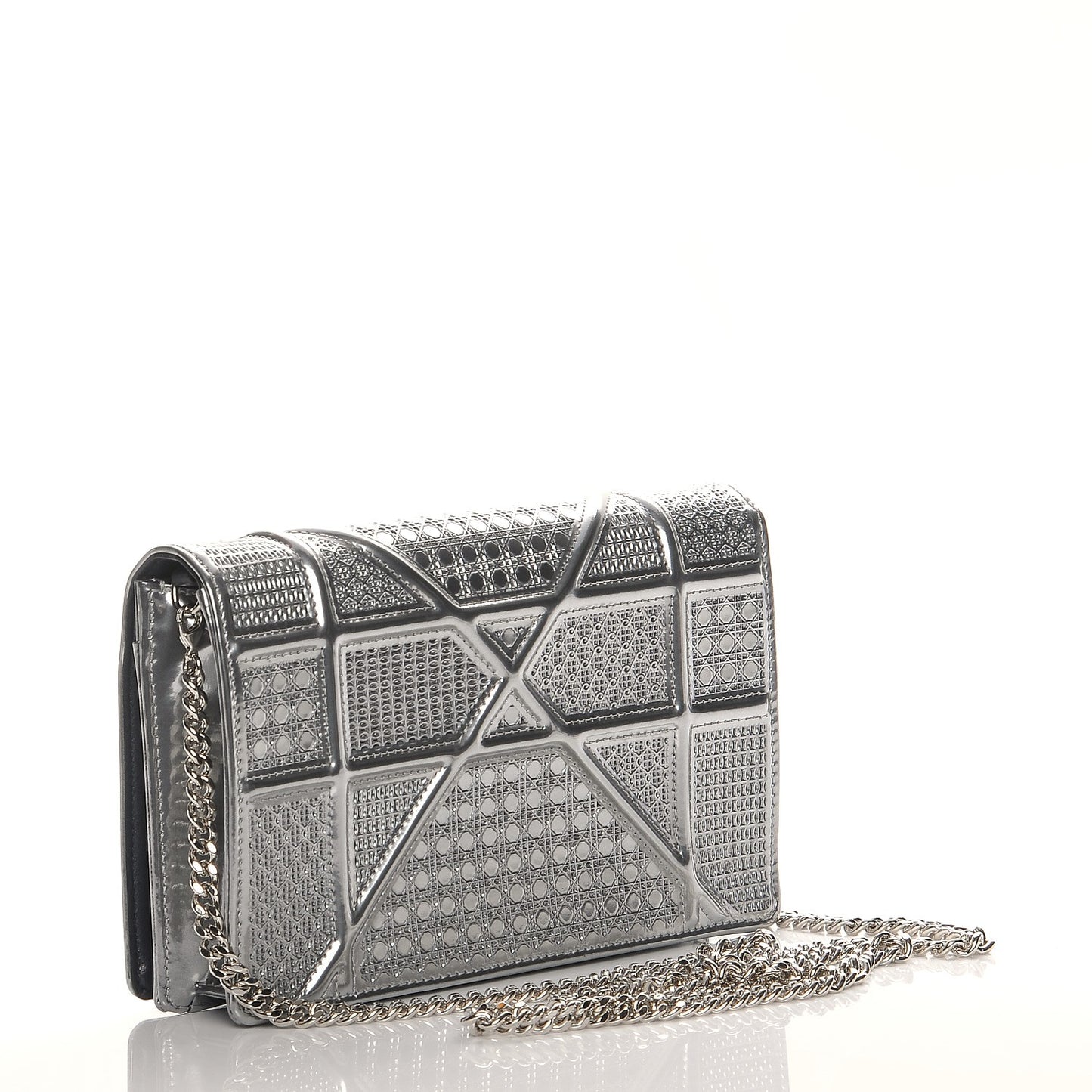 Metallic Patent Micro-Cannage Diorama Wallet on Chain Pouch Silver