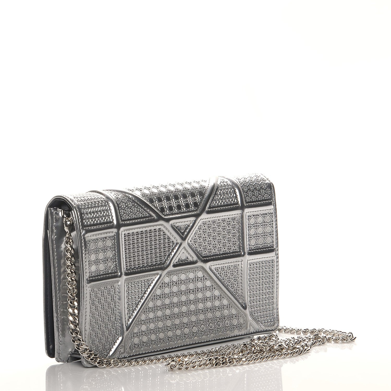 Christian Dior Metallic Patent Micro-Cannage Diorama Wallet on Chain Pouch Silver 3 of 9