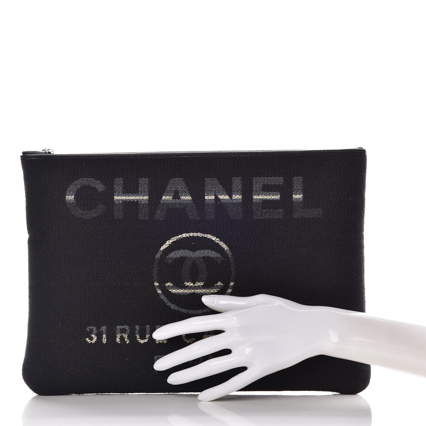 Striped Canvas Large Deauville Pouch Clutch Black