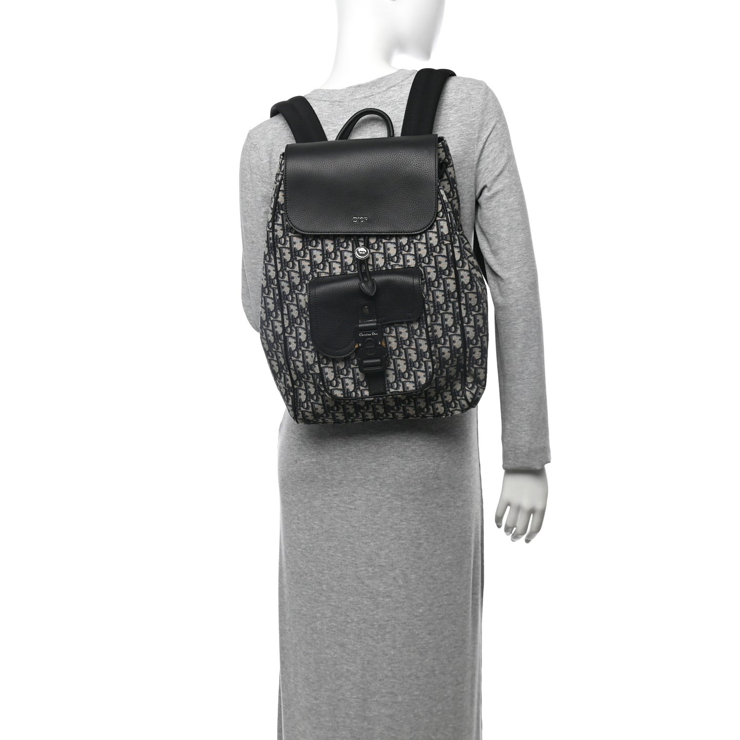 Oblique Jacquard Grained Calfskin Drawstring Saddle Backpack Beige Black