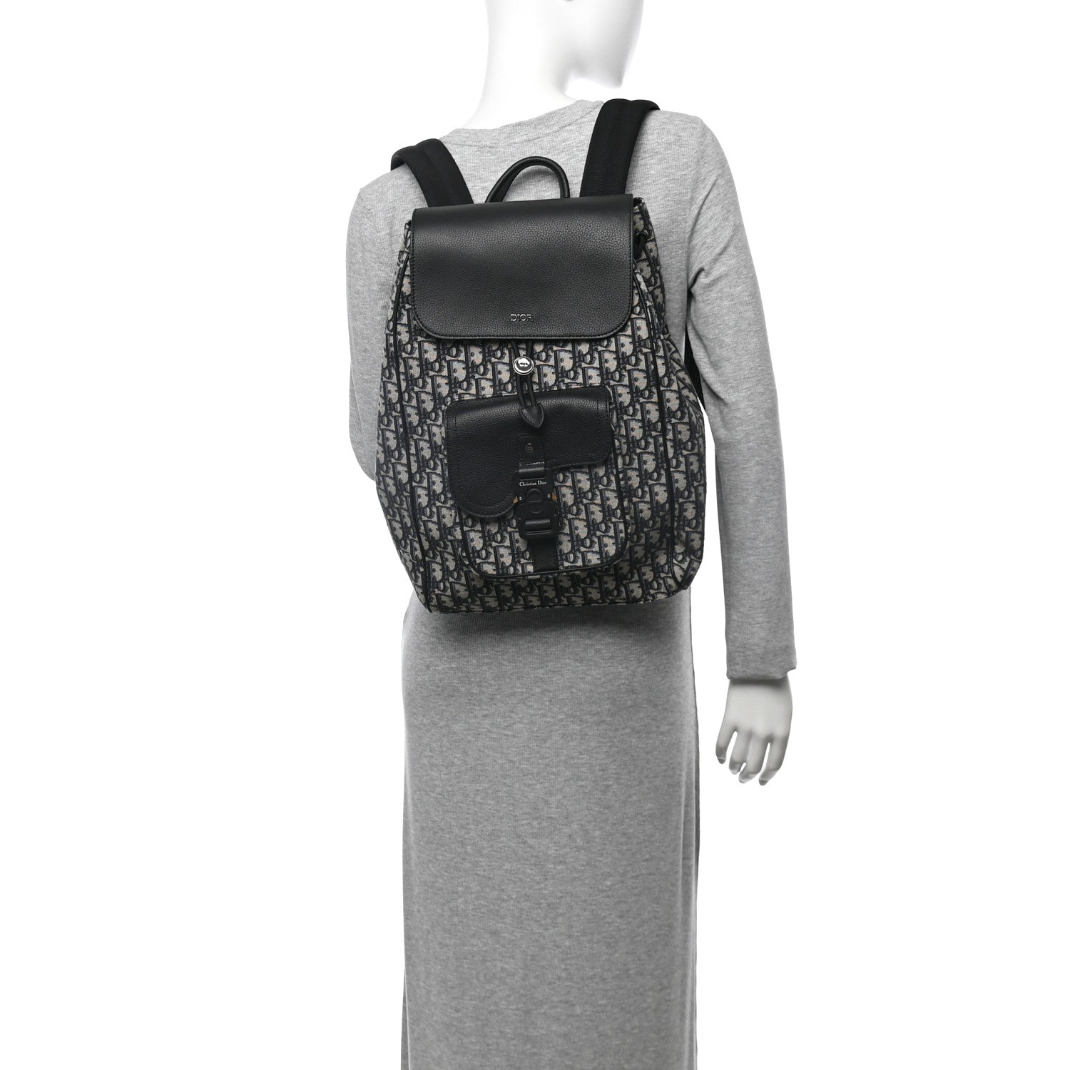Christian Dior Oblique Jacquard Grained Calfskin Drawstring Saddle Backpack Beige Black 2 of 11