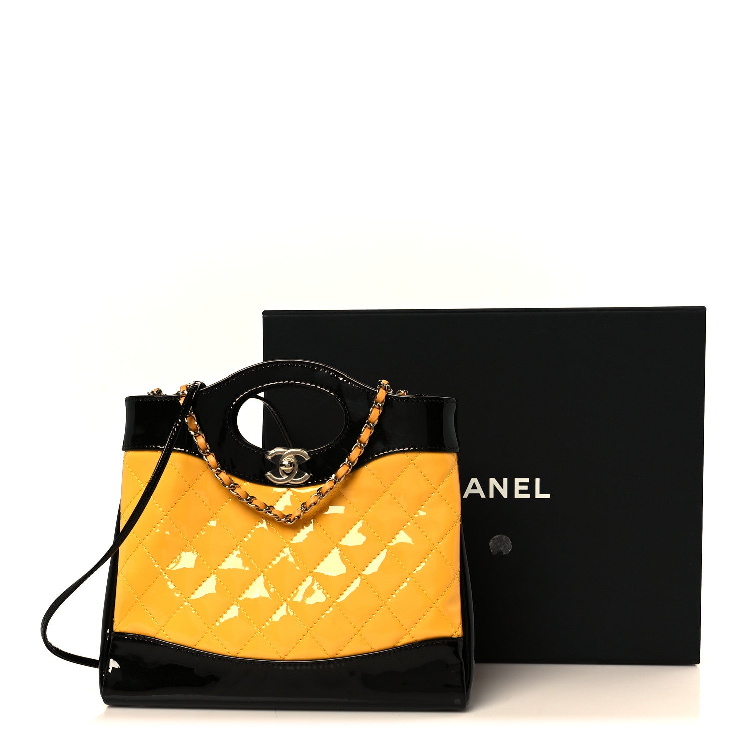 Chanel Patent Calfskin Quilted Mini 31 Shopping Bag Yellow Black 11 of 11