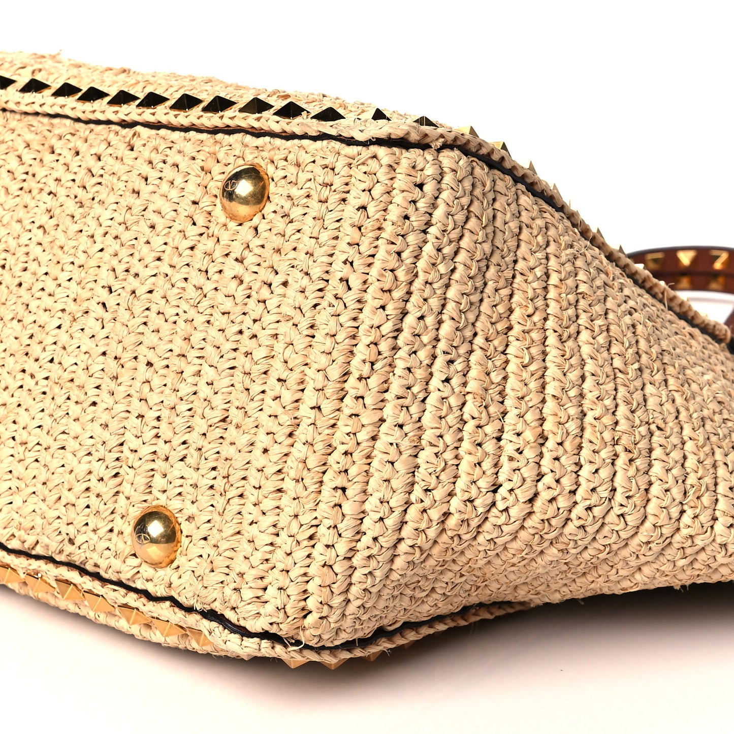 Raffia Calfskin Rockstud Tote Naturale Saddle Brown