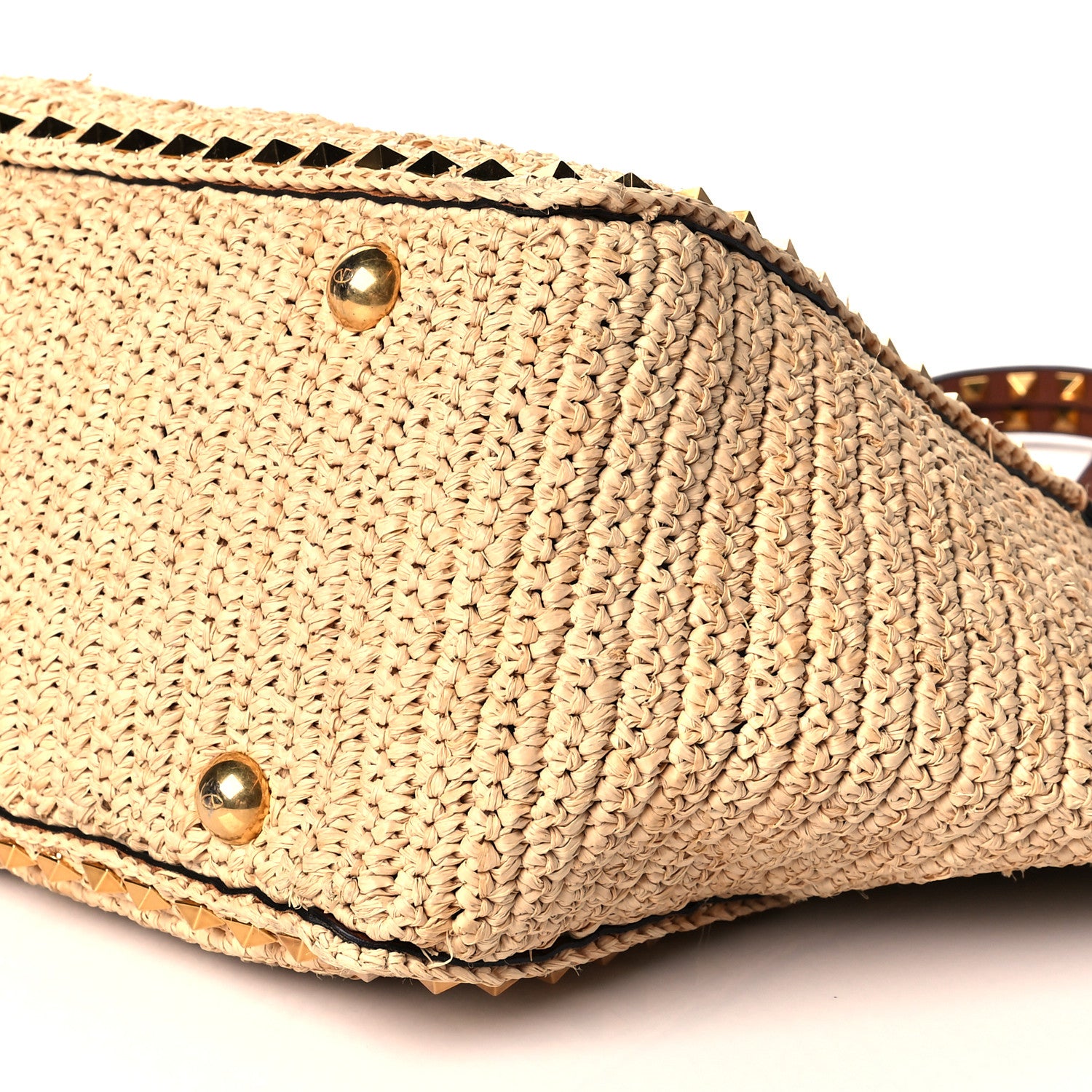 Valentino Garavani Raffia Calfskin Rockstud Tote Naturale Saddle Brown 9 of 10