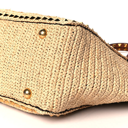 Valentino Garavani Raffia Calfskin Rockstud Tote Naturale Saddle Brown 9 of 10