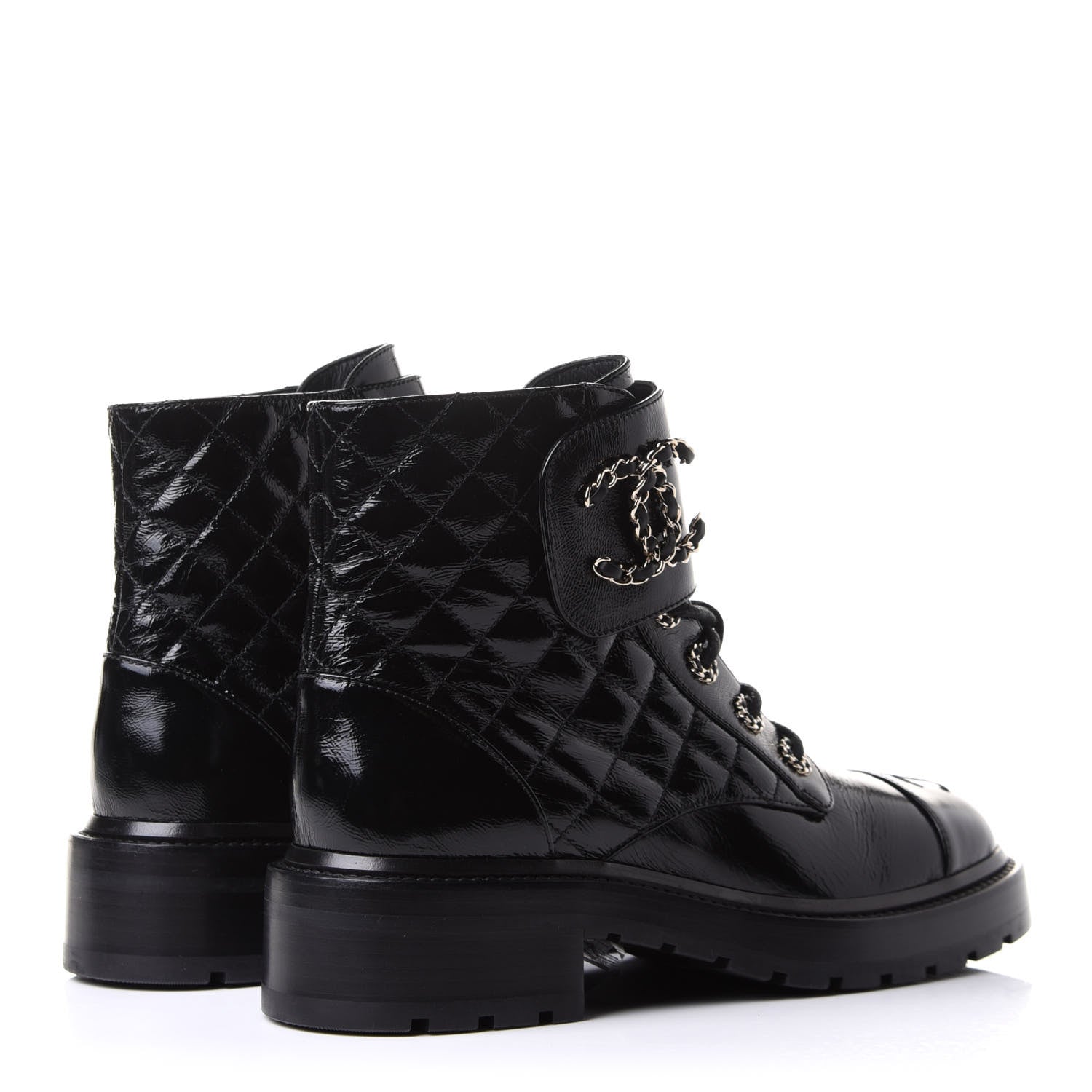 Chanel Shiny Calfskin Quilted Lace Up Combat Boots 38.5 Black 4 of 10