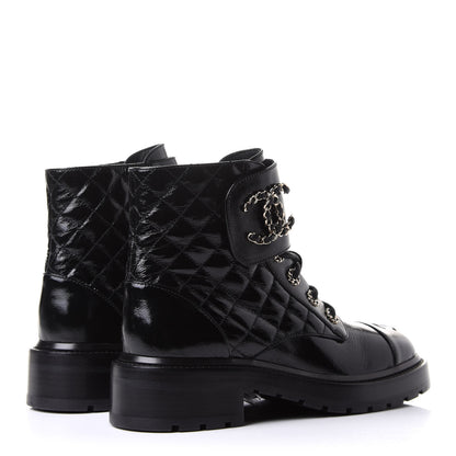 Chanel Shiny Calfskin Quilted Lace Up Combat Boots 38.5 Black 4 of 10