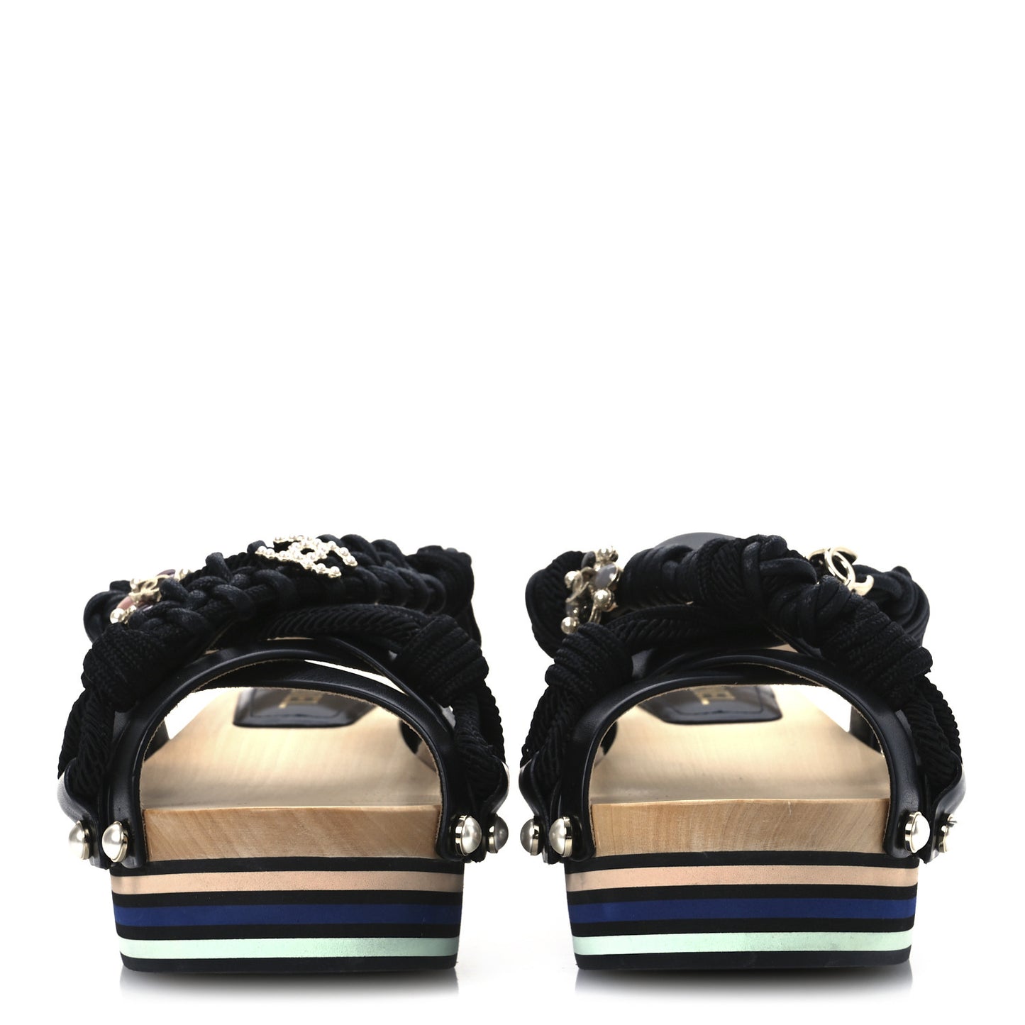 Calfskin Cord Pearl CC Sandals 38 Black