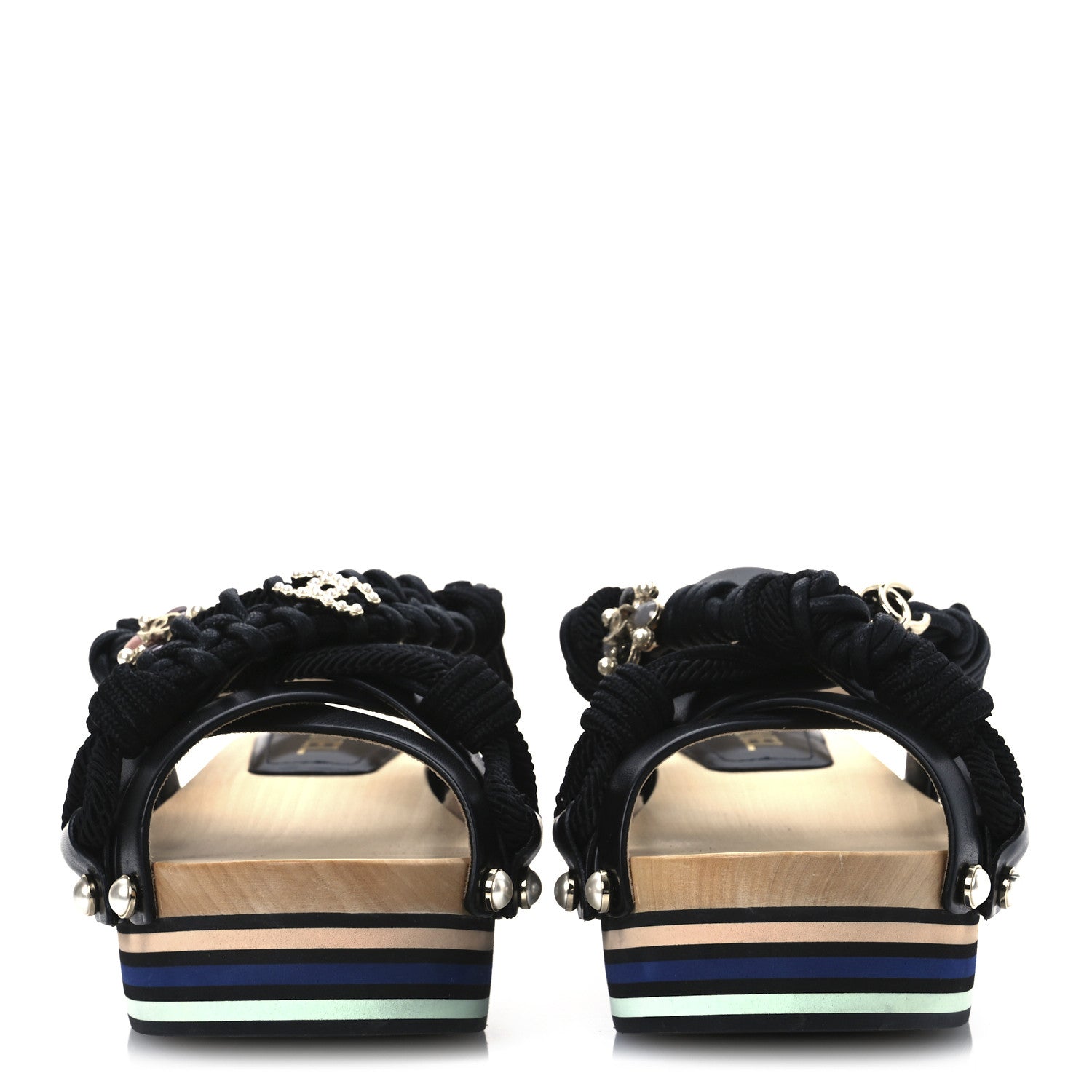 Chanel Calfskin Cord Pearl CC Sandals 38 Black 3 of 11