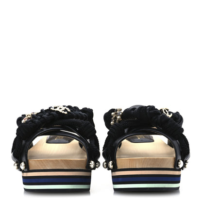 Chanel Calfskin Cord Pearl CC Sandals 38 Black 3 of 11
