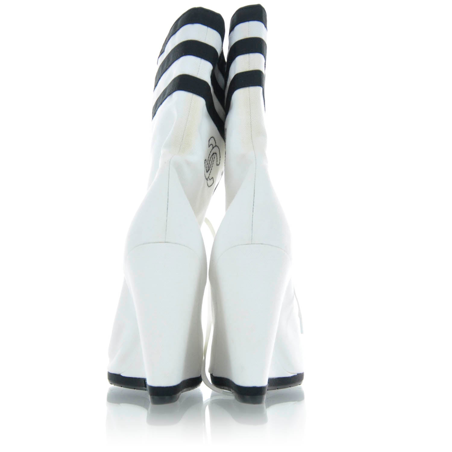 Chanel Leather Wedge Peep Toe Booties 40 Black and White 3 of 6