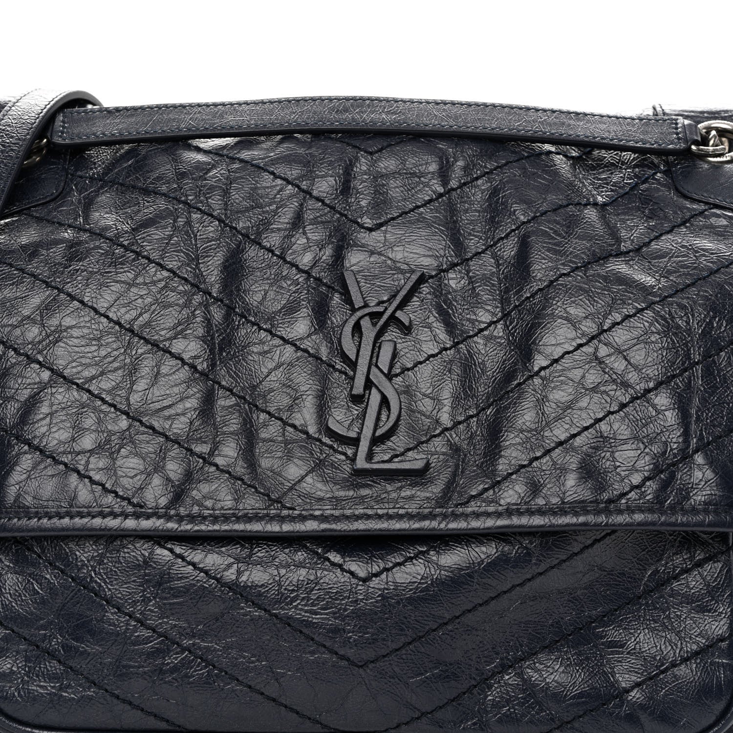 Saint Laurent Crinkled Calfskin Matelasse Monogram Large Niki Chain Satchel Deep Marine 7 of 9