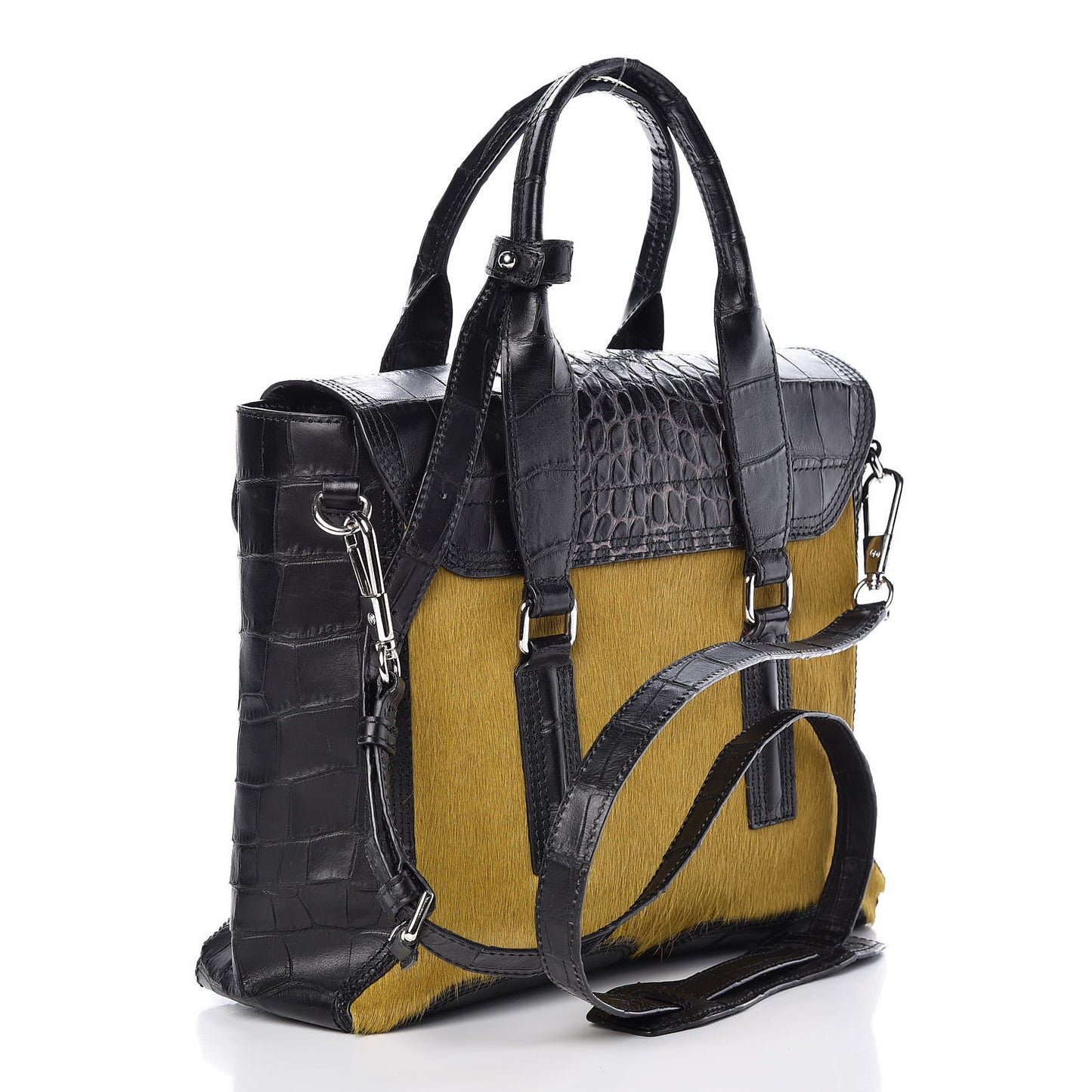 3.1 Calf Hair Calfskin Crocodile Embossed Medium Pashli Satchel Antique Grey Olive