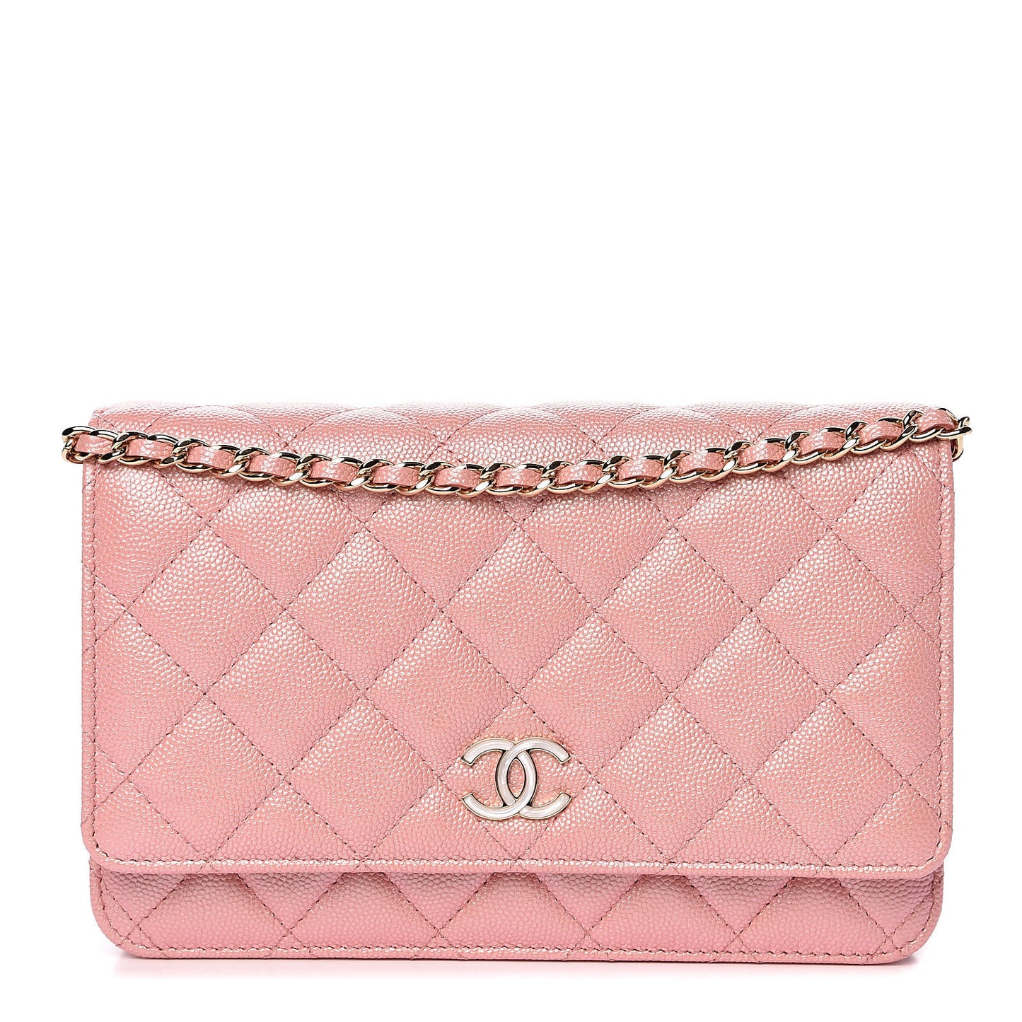Iridescent Caviar Quilted Wallet on Chain WOC Rose Pink