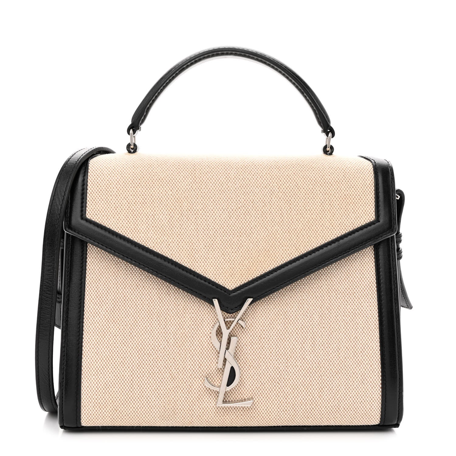 Saint Laurent Canvas Calfskin Medium Classic Monogram Cassandra Top Handle Natural Black 1 of 11