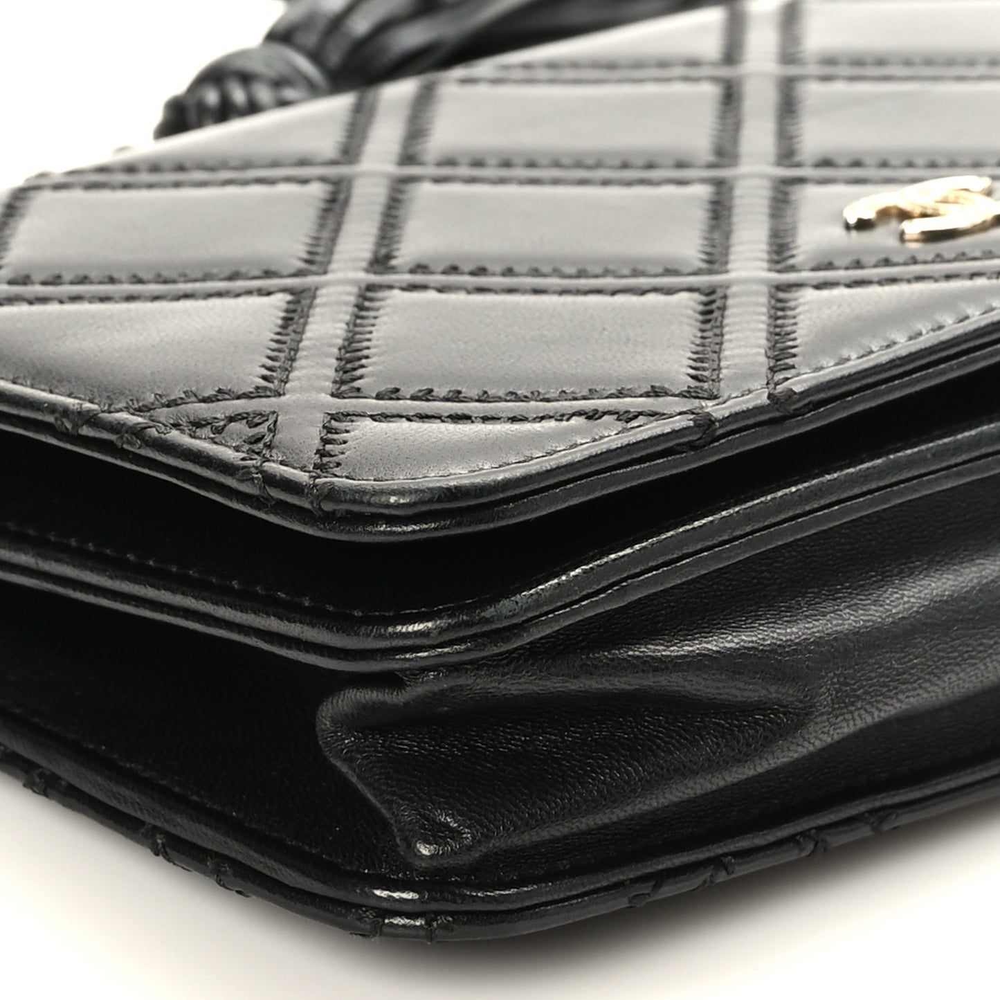 Lambskin Quilted Double Stitch Tassel Wallet On Chain WOC Black
