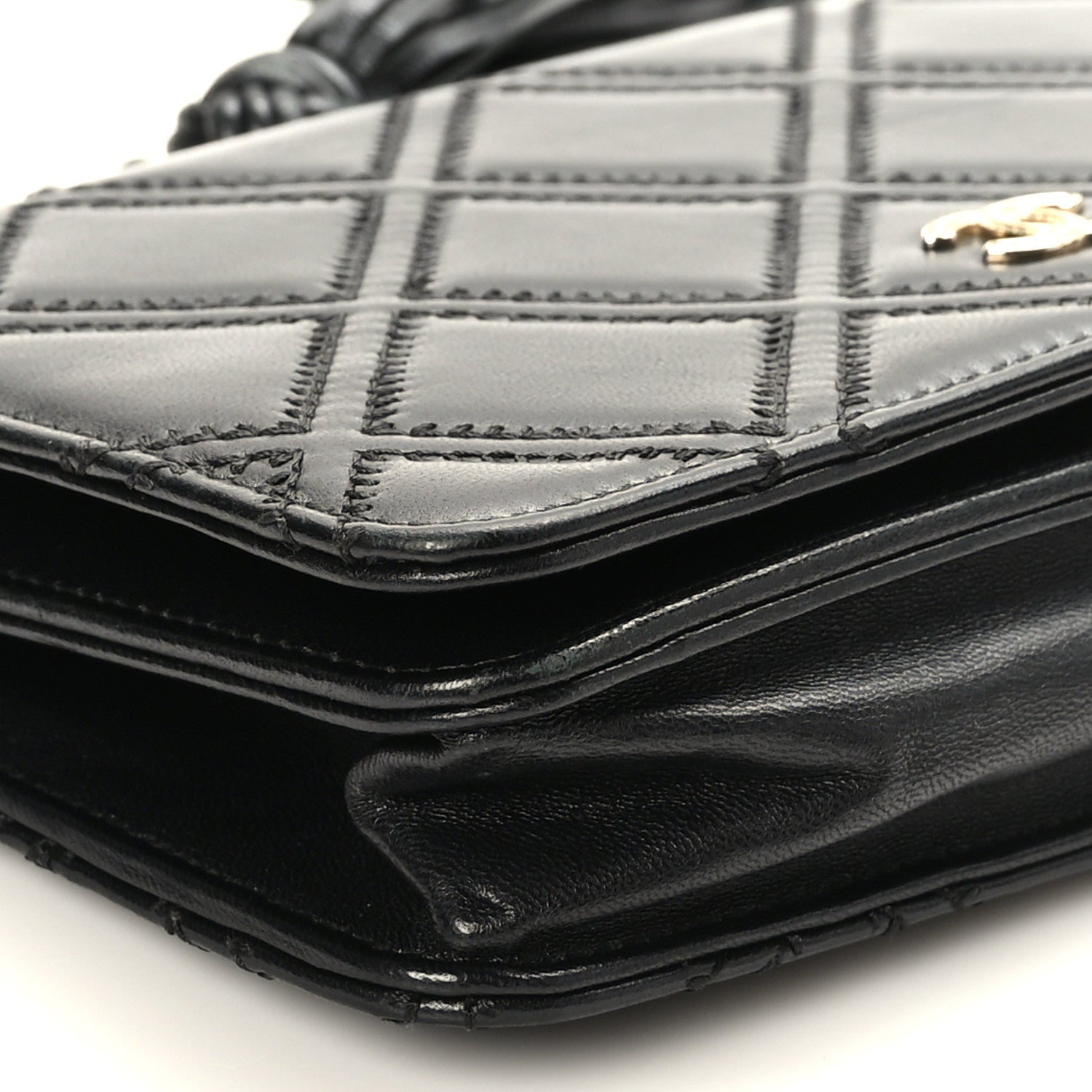Chanel Lambskin Quilted Double Stitch Tassel Wallet On Chain WOC Black 8 of 10