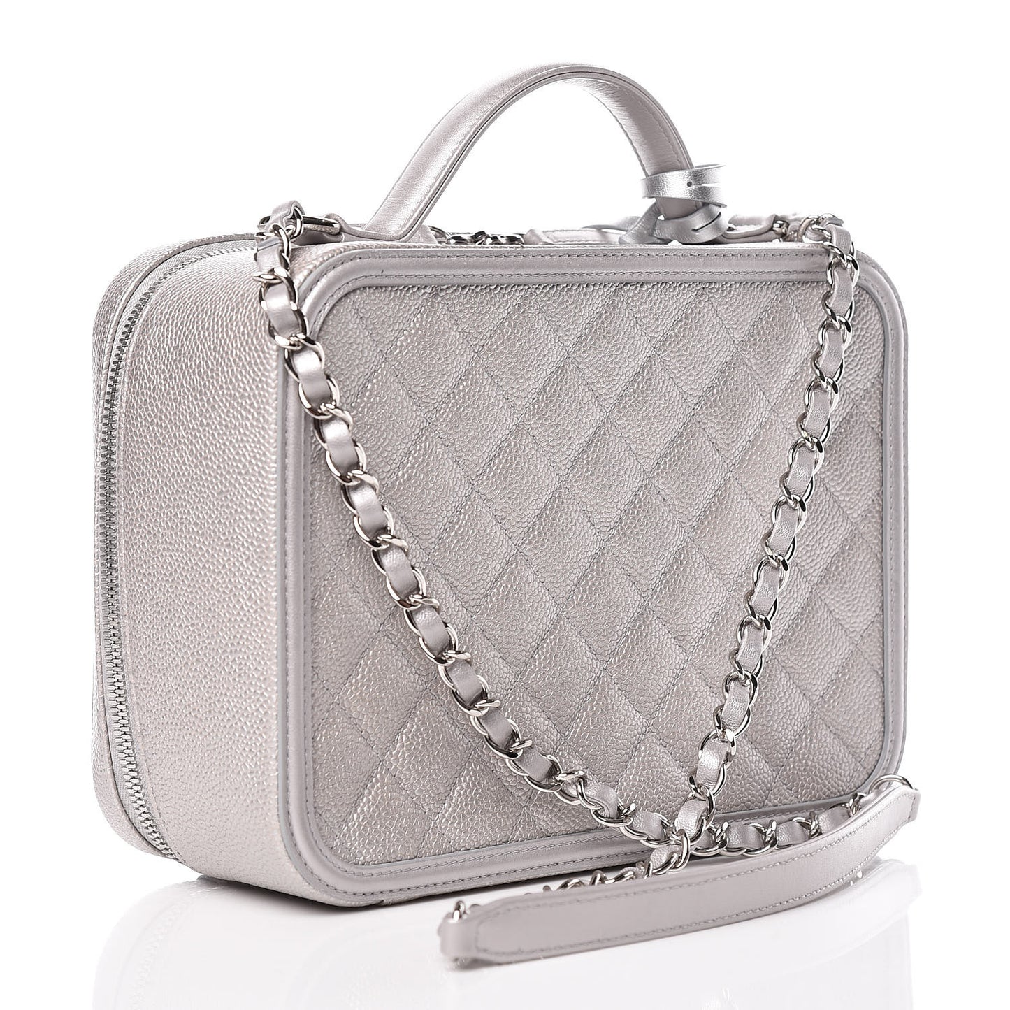 Metallic Caviar Quilted Large CC Filigree Vanity Case Silver