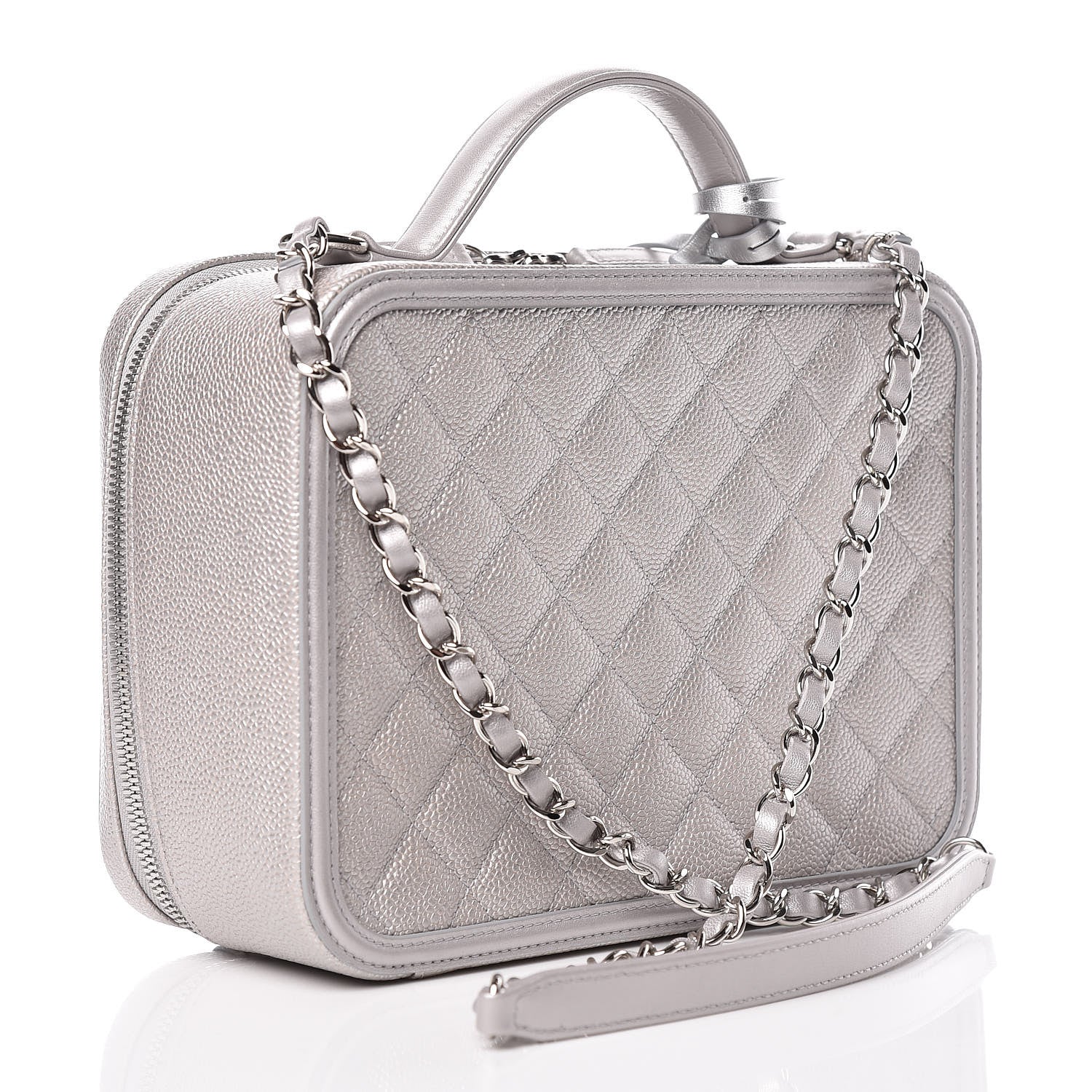Chanel Metallic Caviar Quilted Large CC Filigree Vanity Case Silver 3 of 14