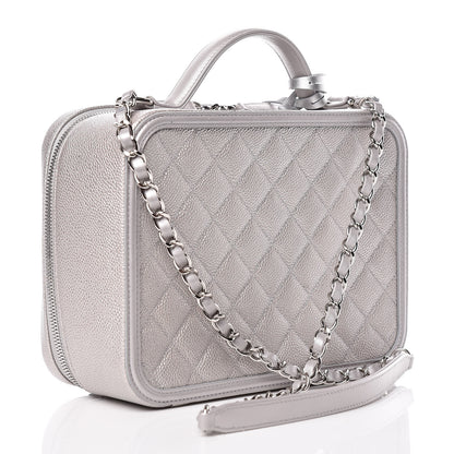 Chanel Metallic Caviar Quilted Large CC Filigree Vanity Case Silver 3 of 14