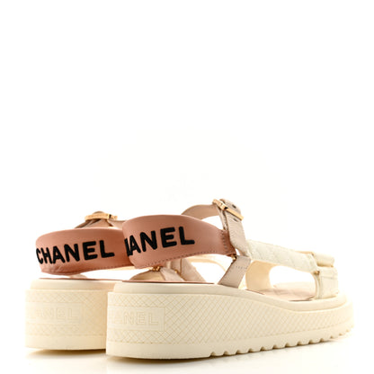Chanel Lambskin Logo Platform Sandals 37 Beige Ivory White 4 of 9