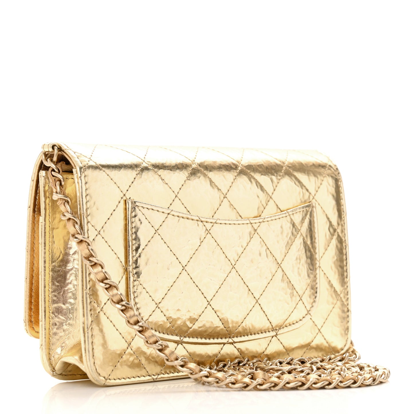 Hammered Metallic Calfskin Quilted Wallet On Chain WOC Gold