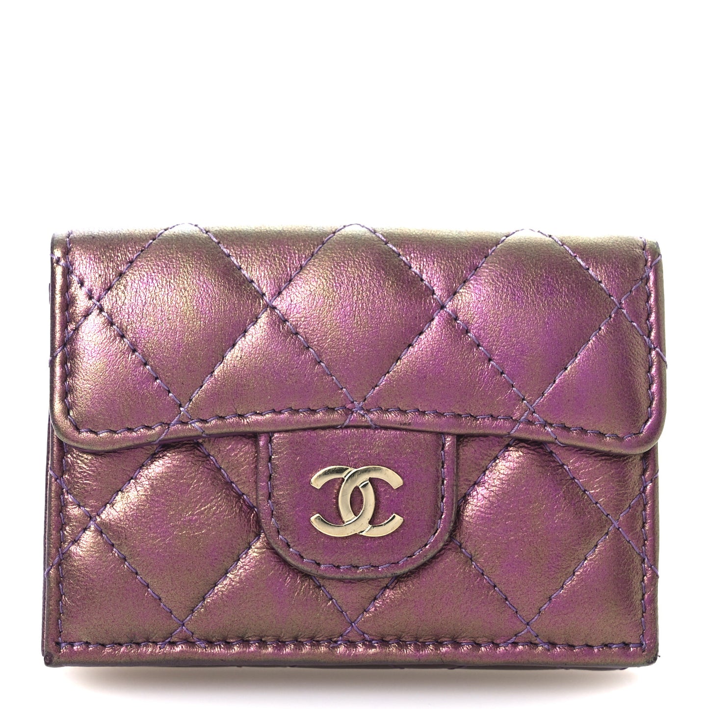 Iridescent Lambskin Quilted Double Flap Wallet Purple
