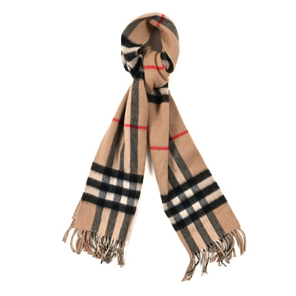 Burberry Cashmere Glitter Giant Check Fringe Scarf Camel 1 of 3
