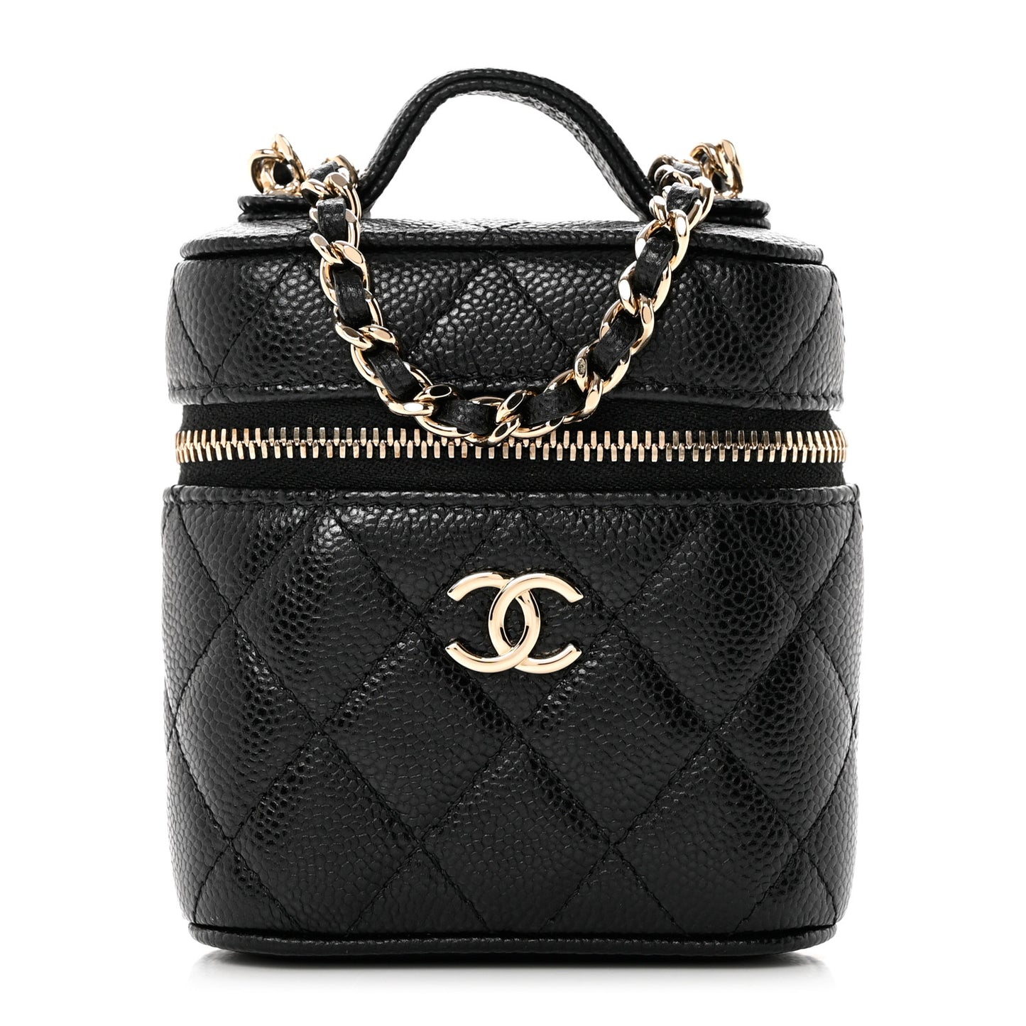 Caviar Quilted Small Handle With Care Vanity Case With Chain Black