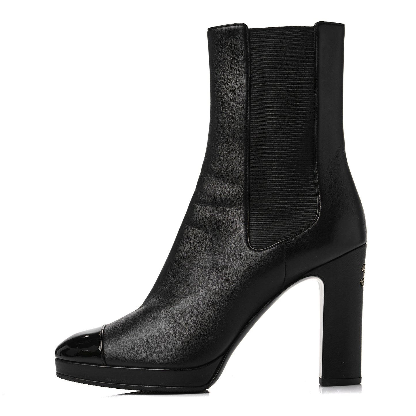 Lambskin Patent Cap Toe Pearl CC Ankle Boots 38.5 Black