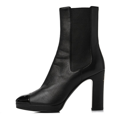 Chanel Lambskin Patent Cap Toe Pearl CC Ankle Boots 38.5 Black 1 of 7