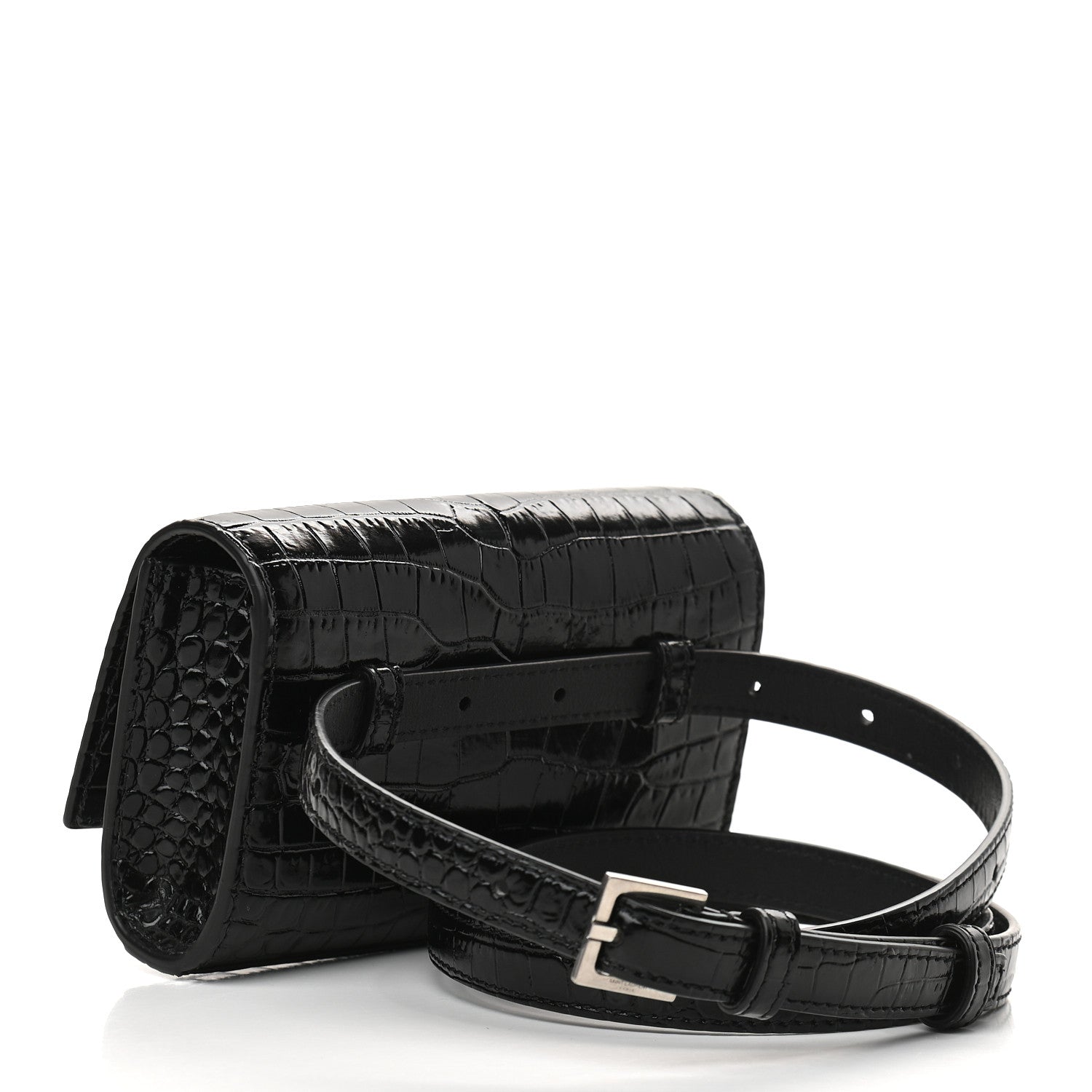 Saint Laurent Calfskin Crocodile Embossed Monogram Kate Belt Bag Black 3 of 8