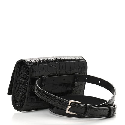 Saint Laurent Calfskin Crocodile Embossed Monogram Kate Belt Bag Black 3 of 8