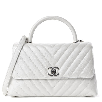 Chanel Iridescent Caviar Chevron Quilted Small Coco Handle Flap White 1 of 11