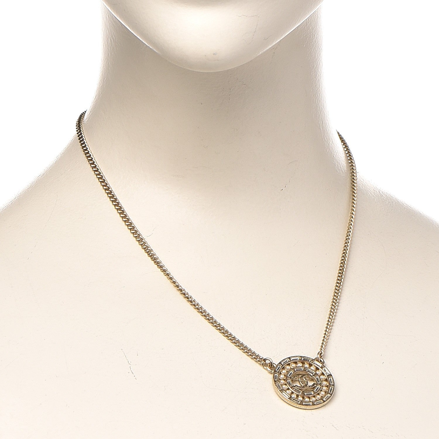 Chanel Crystal Pearl CC Medallion Necklace Light Gold 2 of 5
