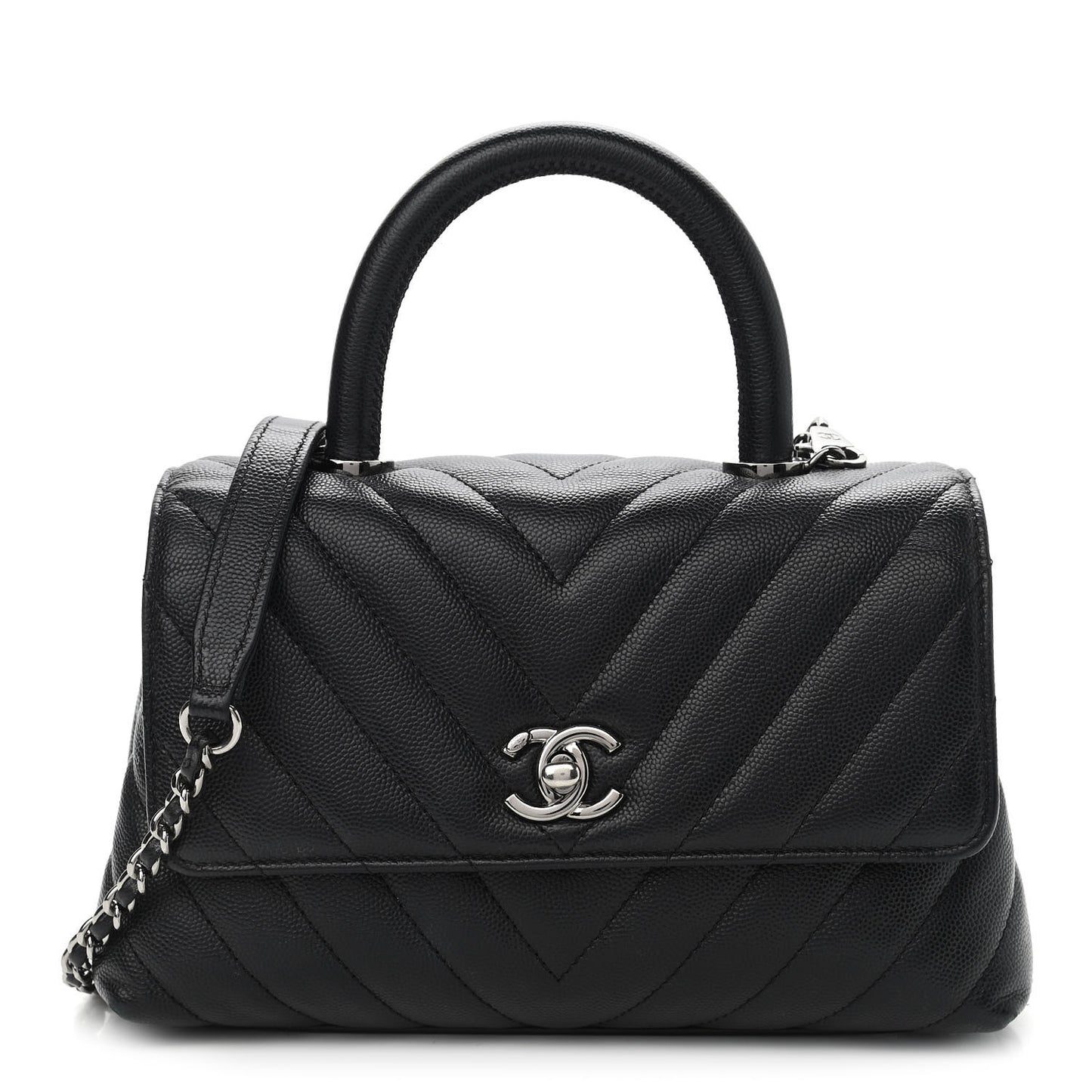 Caviar Chevron Quilted Mini Coco Handle Flap Black