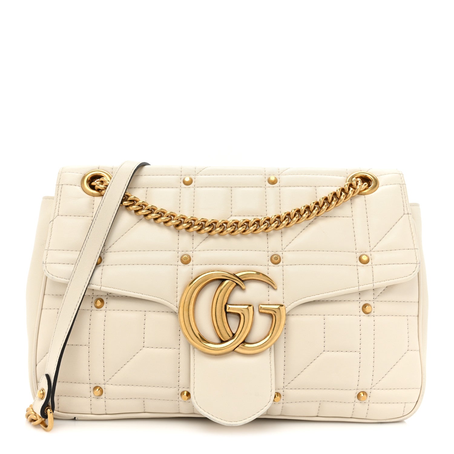 Gucci Calfskin Matelasse Studded Medium GG Marmont Shoulder Bag White 1 of 19