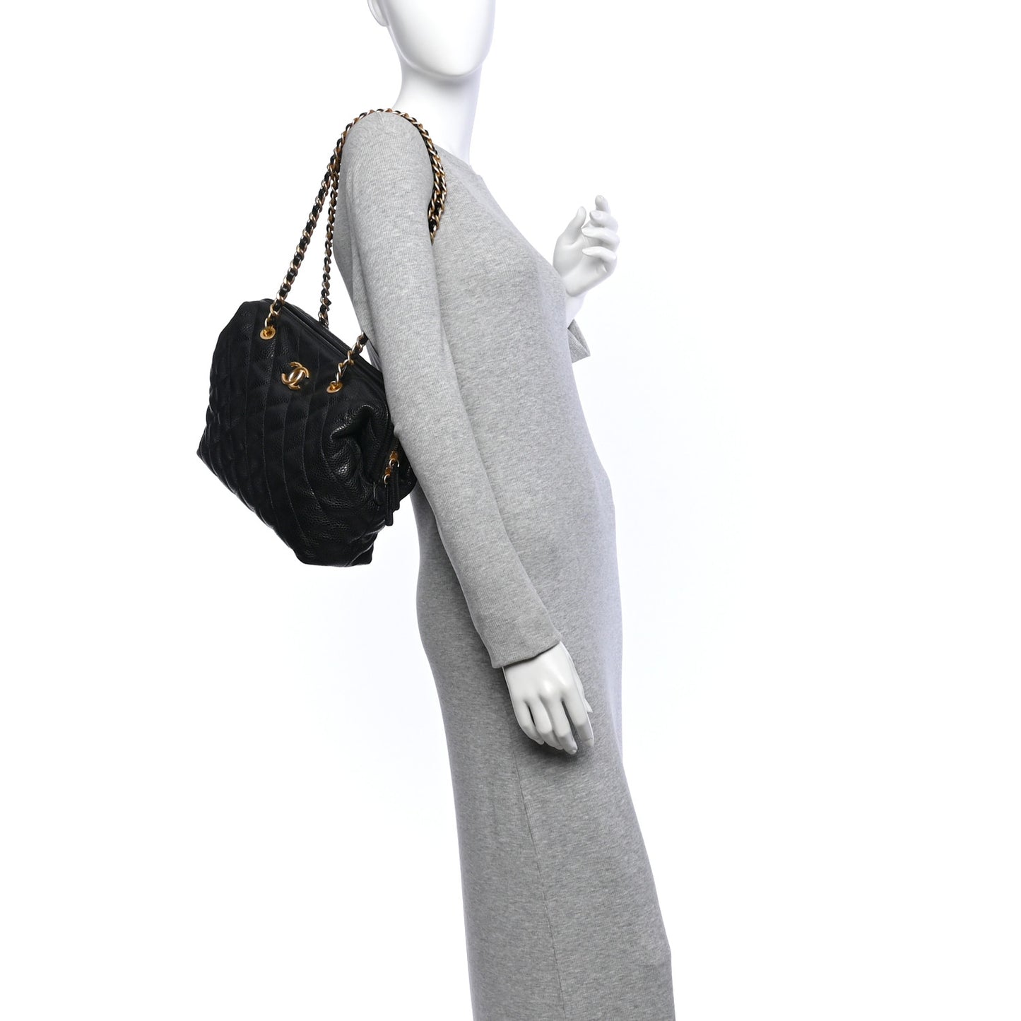 Shiny Caviar Quilted Large Bowling Bag Black