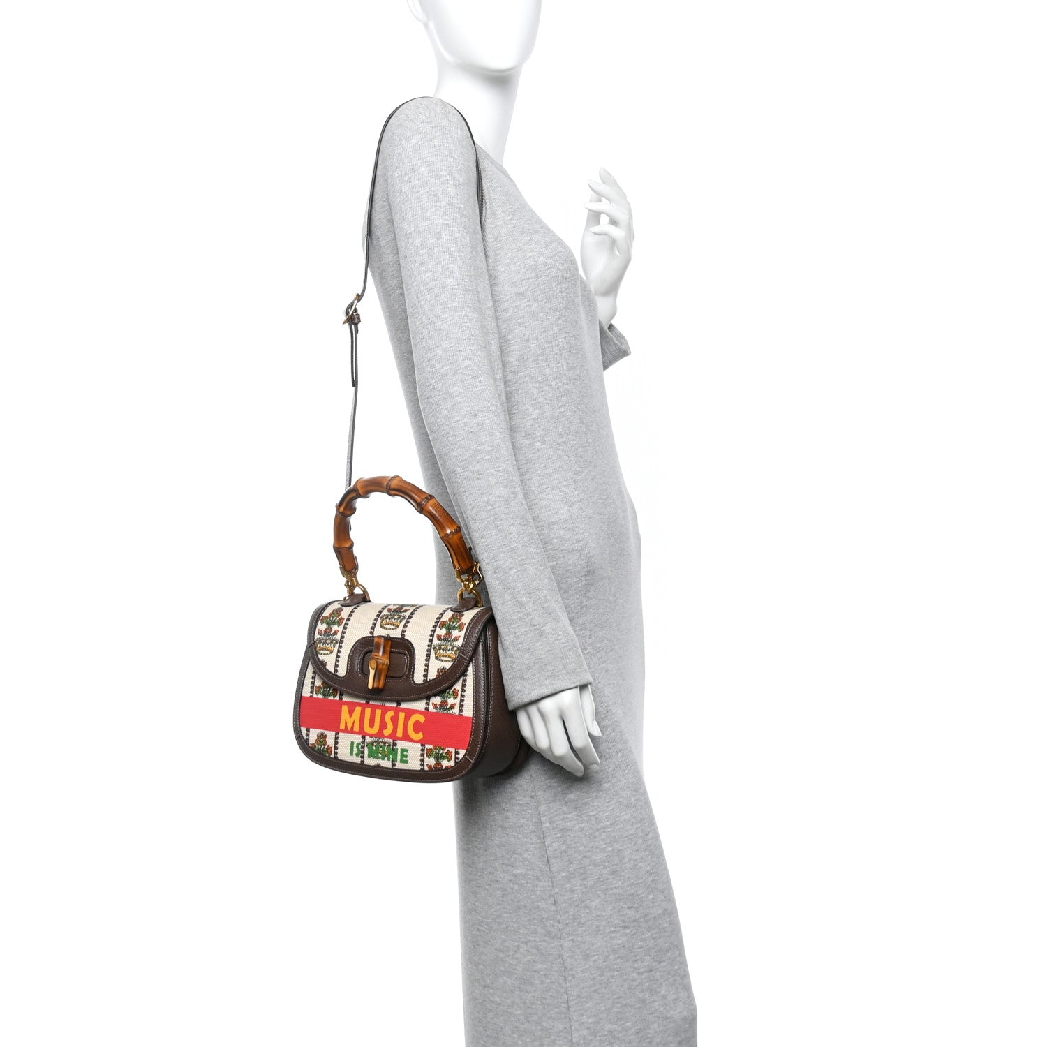 Gucci Canvas Calfskin 100 Centennial Music Medium Bamboo 1947 Top Handle Bag Multicolor 2 of 12