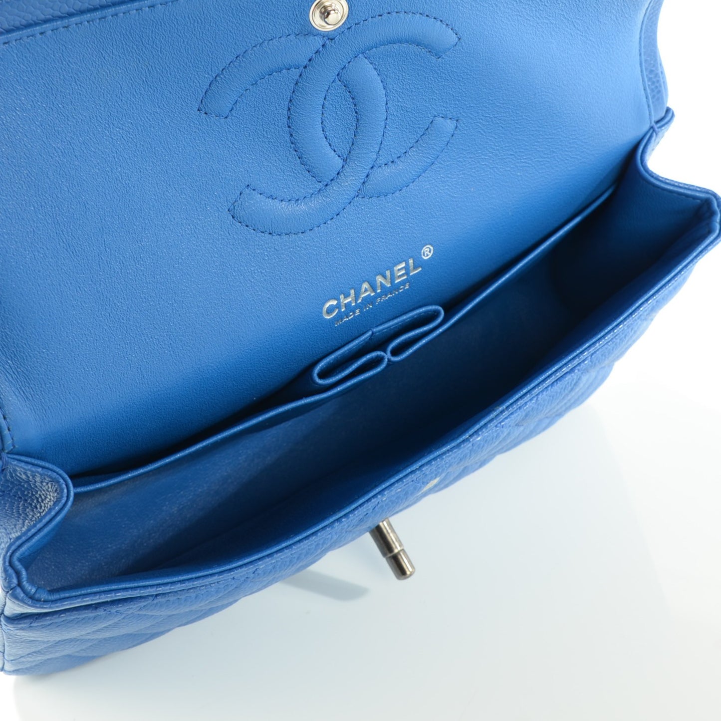 Caviar Quilted Medium Double Flap Blue