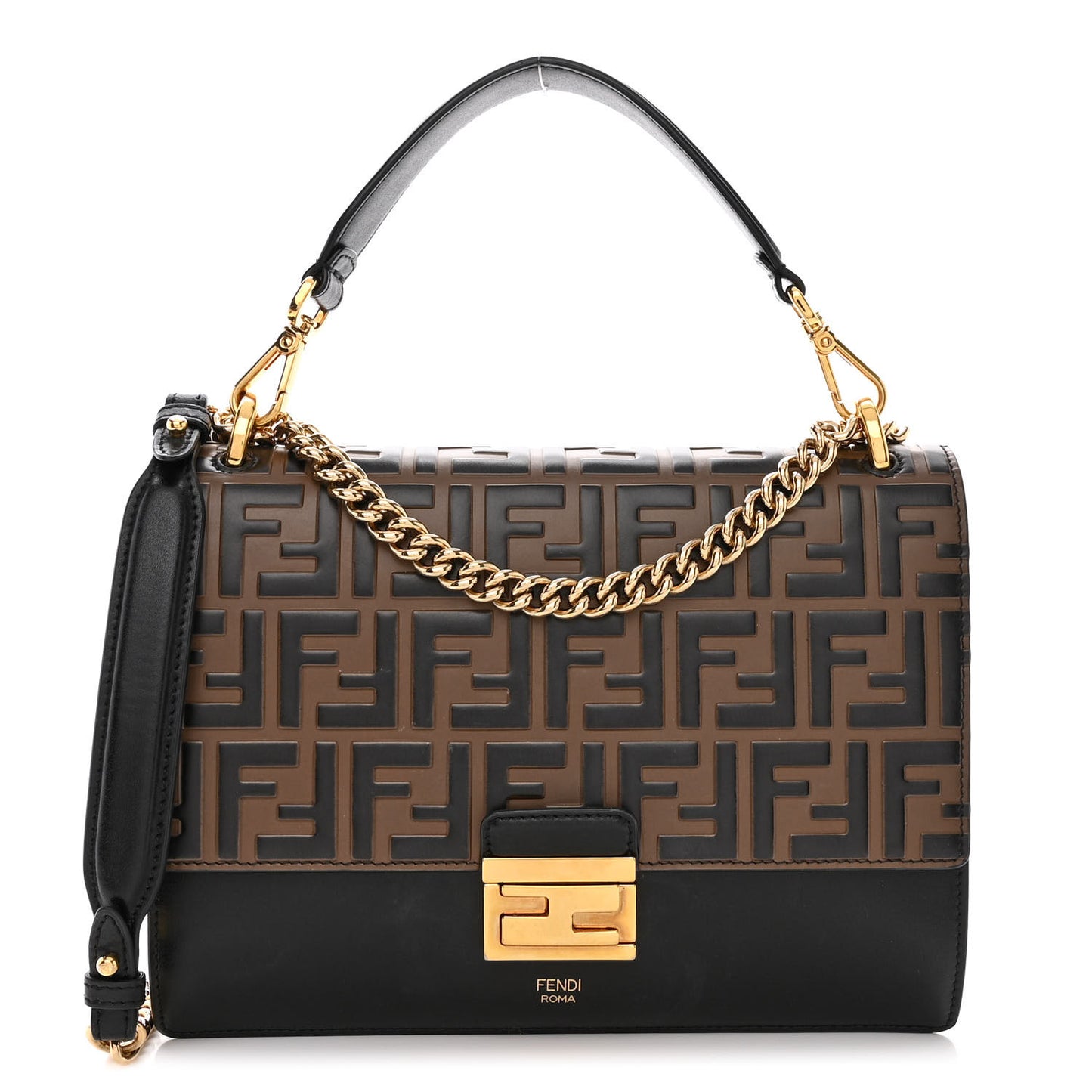 Vitello Liberty Bi-Color FF 1974 Embossed Chain Strap Kan U Shoulder Bag Black Maya