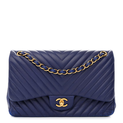 Chanel Lambskin Chevron Quilted Jumbo Double Flap Blue 1 of 15