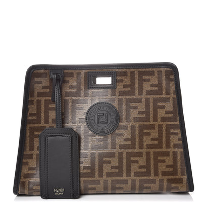 Fendi Glazed Fabric Vitello Century FF 1974 Stamp Patch Mini Peekaboo Defender Cover Mogano Panna Black 1 of 9