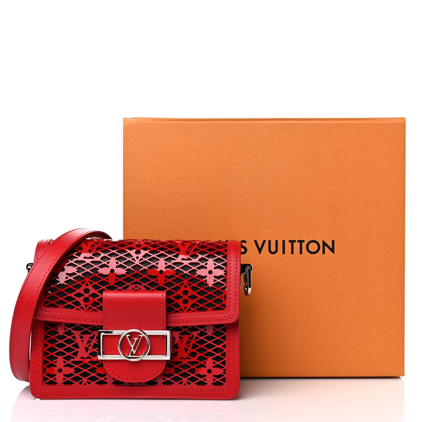 Patent Calfskin Monogram Lace Dauphine Mini Red