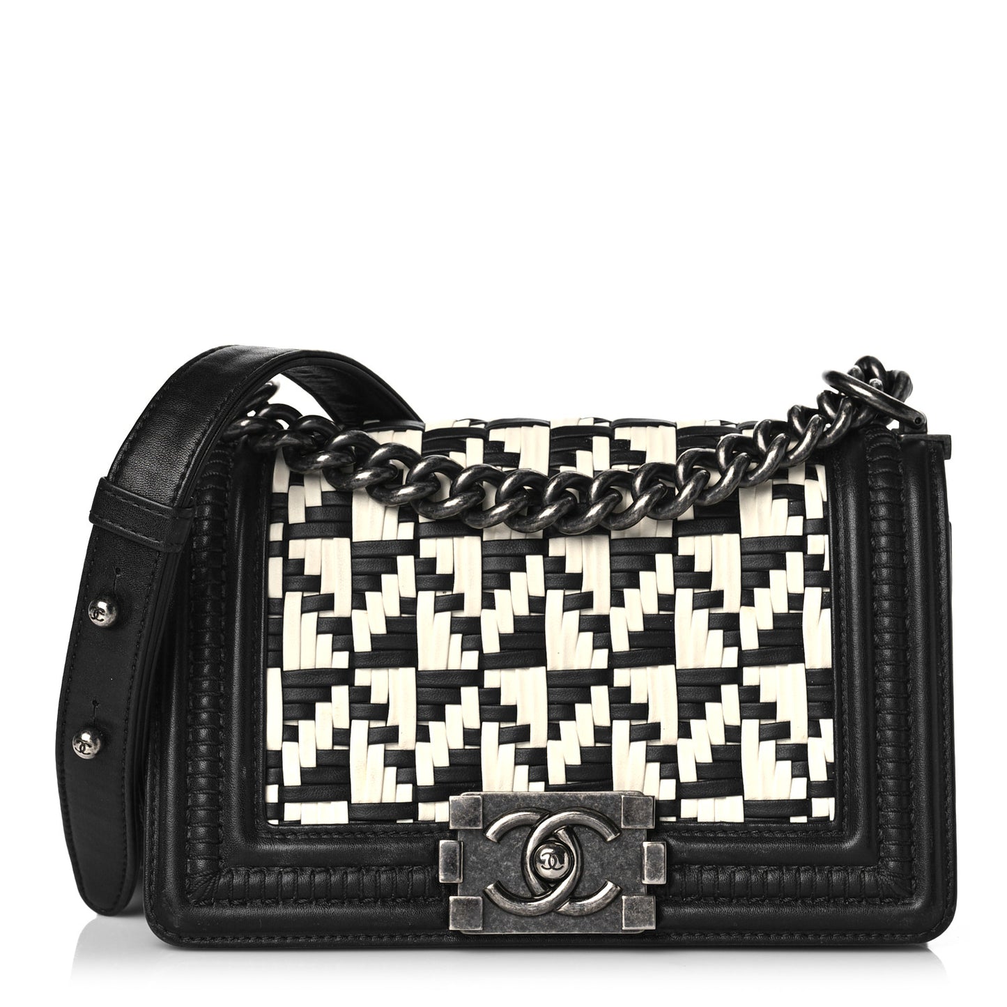 Calfskin Woven Small Boy Flap Black White