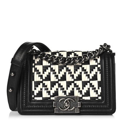 Chanel Calfskin Woven Small Boy Flap Black White 1 of 17