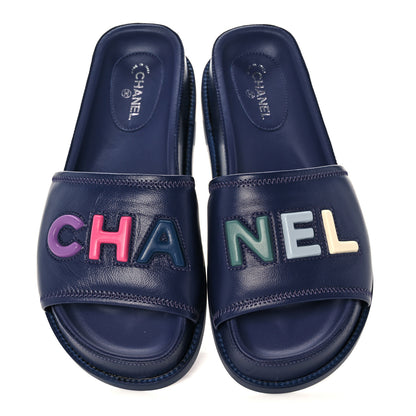 Chanel Lambskin Cha-Nel Mule Sandals 38 Navy Multicolor 5 of 10